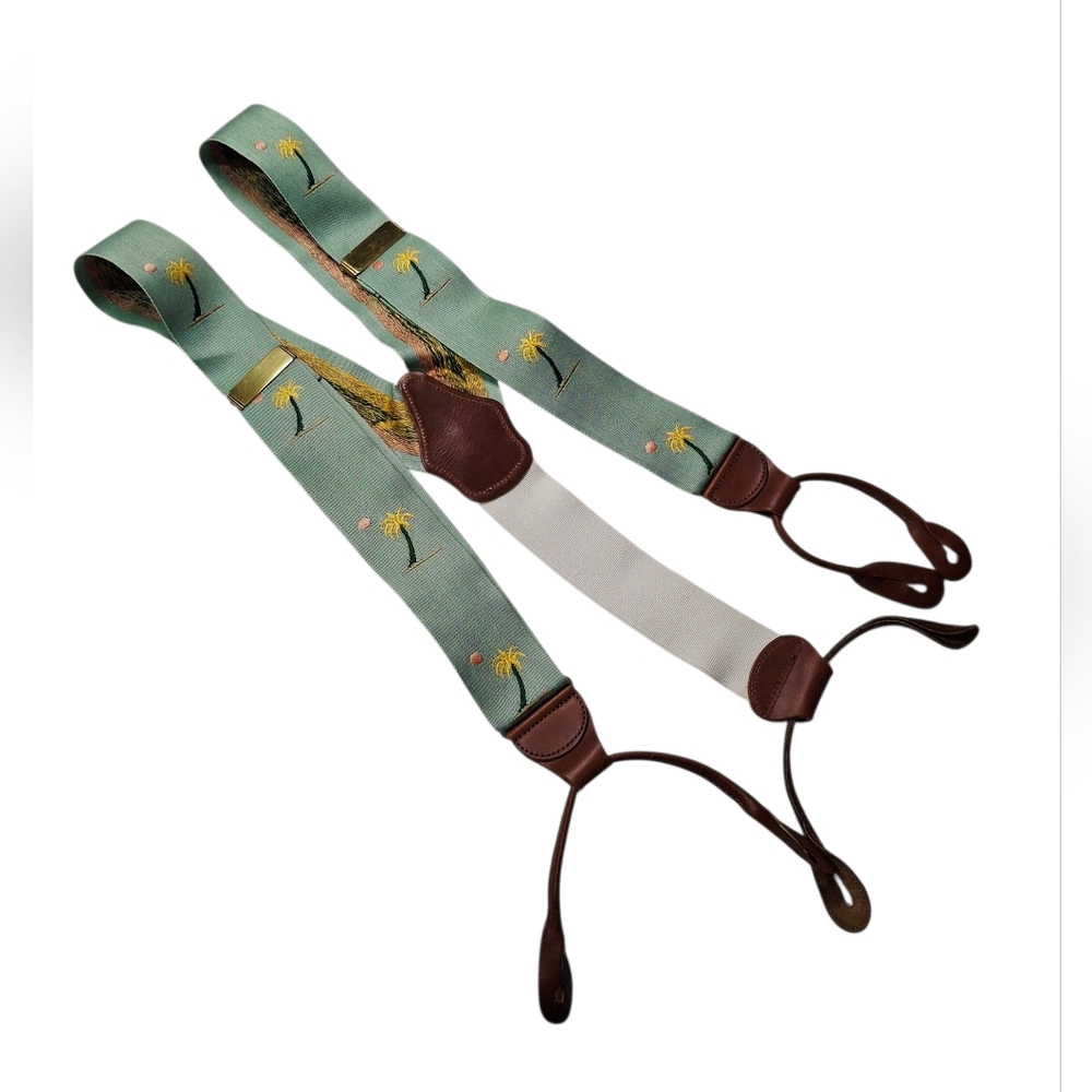 VTG Dooney & Bourke Men's Silk Leather Palm Tree Print Button End Suspenders